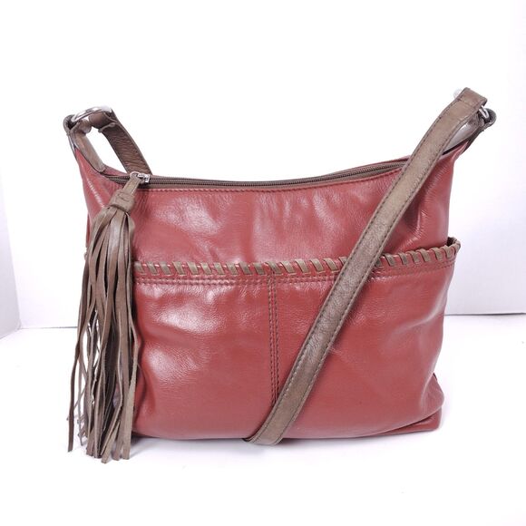 ILI New York Medium Red Genuine Leather Zip Crossbody Tassle Whip stitch Boho - Picture 1 of 16